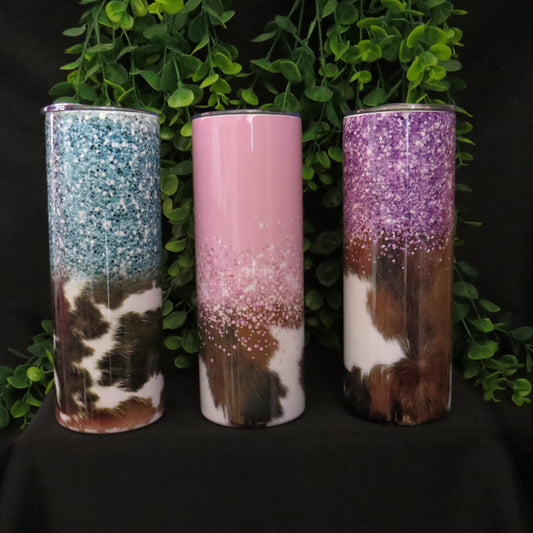 Green Glitter Cowhide, Pink Glitter Cowhide, Purple Glitter Cowhide 20oz. Tumblers